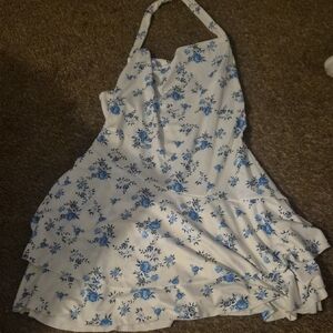 SHEIN White Floral Halter Dress with Blue Roses